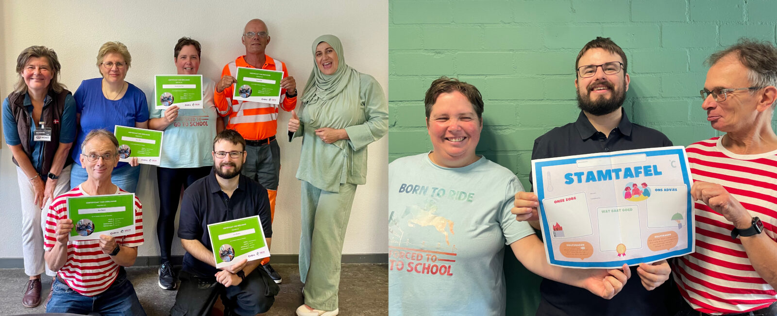 Verbinders van VPW, staand vanaf rechts MZ-adviseur Dzenita Alibegic en in het midden Annelies den Boer. Staand geheel links trainer Jolanda Kirpensteijn. Daarnaast opnieuw Annelies en twee collega-verbinders met de stamtafel placemat.