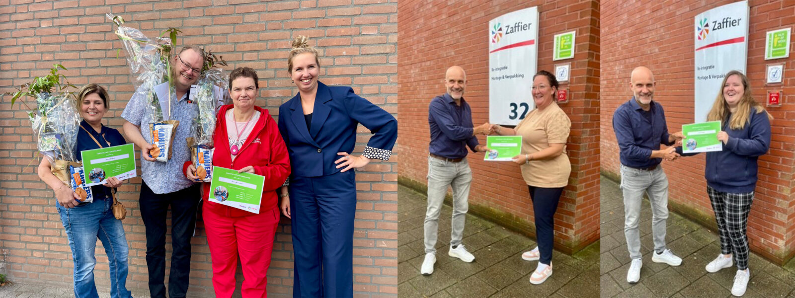Links de verbinders van Senzer. Geheel links Esther Kuijpers; In het blauw MZ-adviseur Marijke van Deursen. Op de foto’s rechts reikt de vicevoorzitter van de OR van Zaffier de certificaten uit aan Michaëla Arntzen en Jessica Volkers (r).